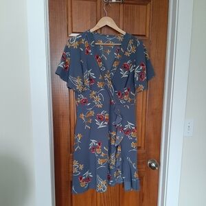 Grey Floral Faux Wrap Dress